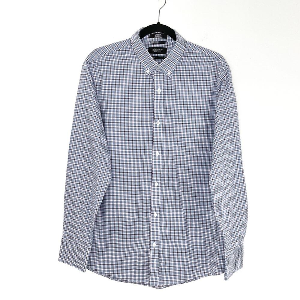 Nordstrom Men’s Shirt Regular Fit Long Sleeve Light Blue Plaid Large